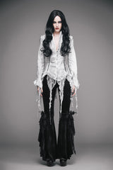 White Printed V-Neck Long Sleeve Flare Cuff Back Waist Lace-Up Irregular Lace Tassels Hem Women's Gothic Blouse - Product - 3