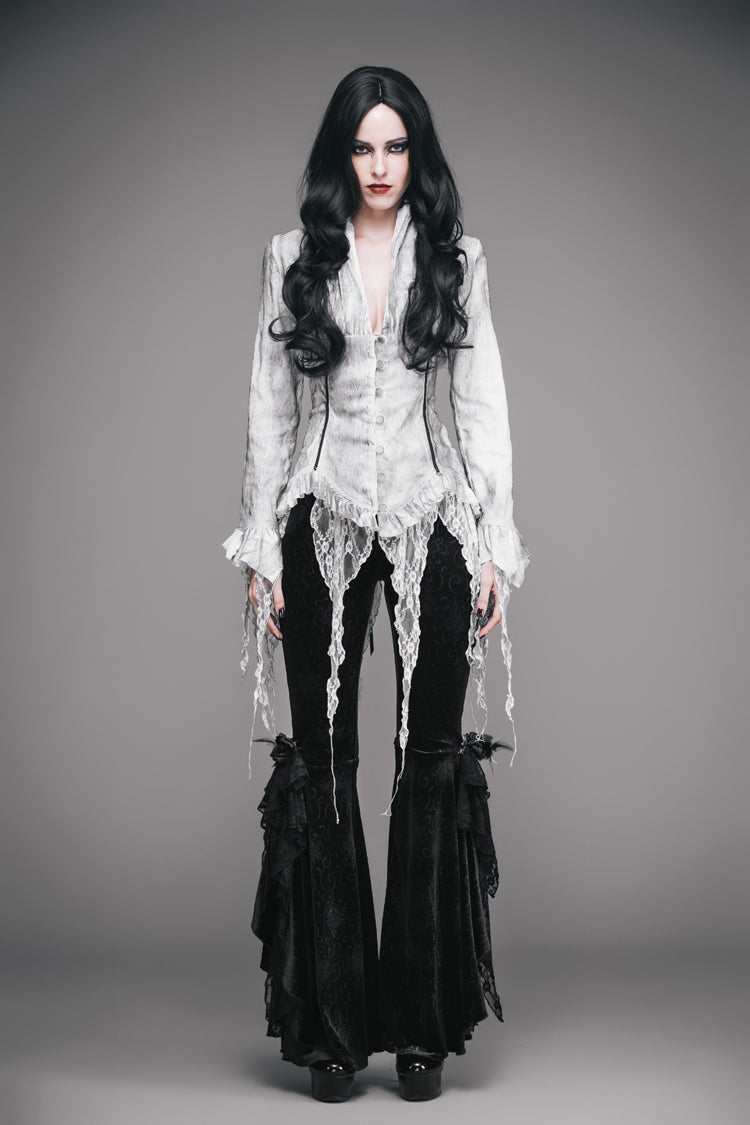 White Printed V-Neck Long Sleeve Flare Cuff Back Waist Lace-Up Irregular Lace Tassels Hem Women's Gothic Blouse - Product - 3