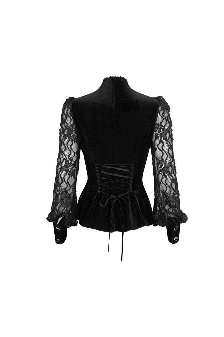 Black Velvet High Neck Lace Fake Bra Design Splicing Three-Dimensional Butterfly Mesh Women's Gothic Shirt - Product - 10