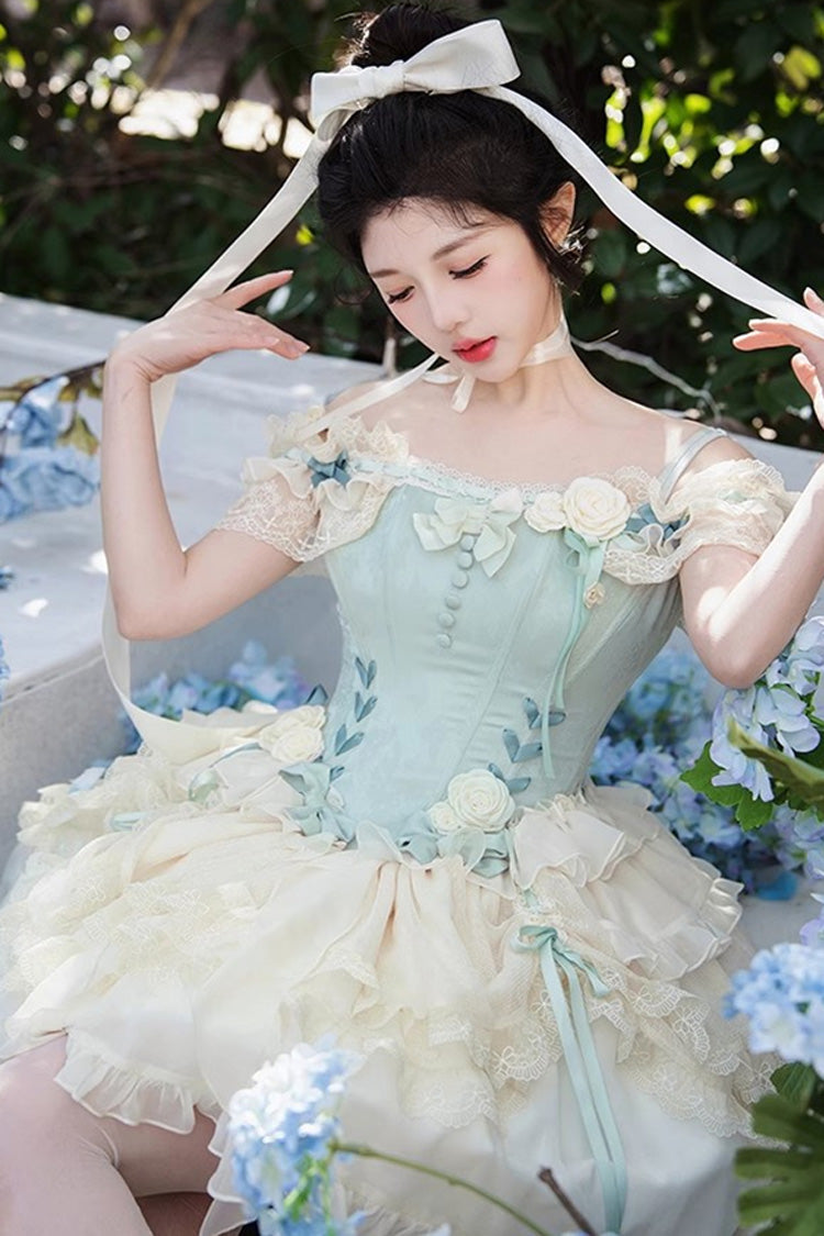Light Green Off Shoulder Ruffle Bowknot Lace Sweet Elegant Princess Ballet Lolita Tiered Dress - Product - 3