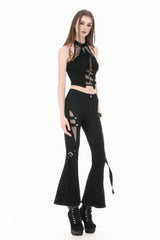 Black Women's Punk Halterneck Cross Double Buckled Waist Mesh Splice Tank Top - Product - 11