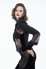 Black High Collar Translucent Lace Patchwork Bow Decoration Long Sleeve Women's Gothic Shirt - Product - 3