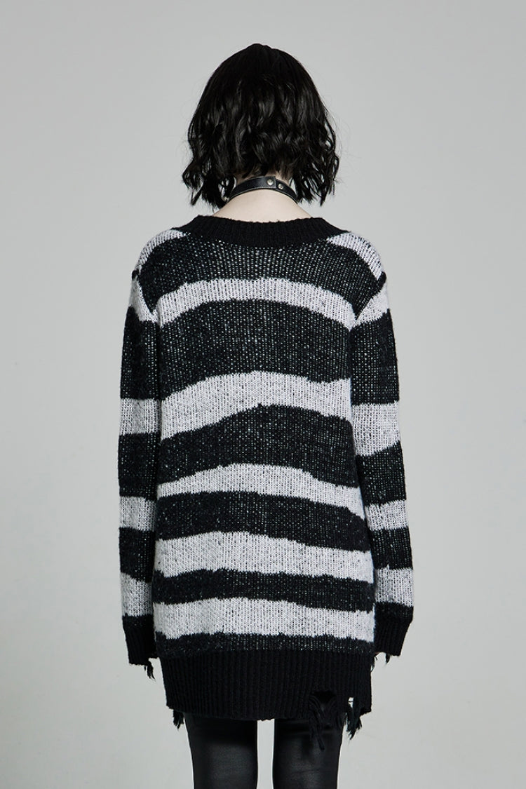 Striped Print Long Sleeves Mesh Ripped Women's Steampunk Knitted Sweater 2 Colors - Product - 3
