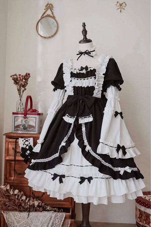Black/White Ruffled Long Sleeves Detachable Trumpet Sleeves High Waisted Sweet Lolita OP Dress - Product - 5