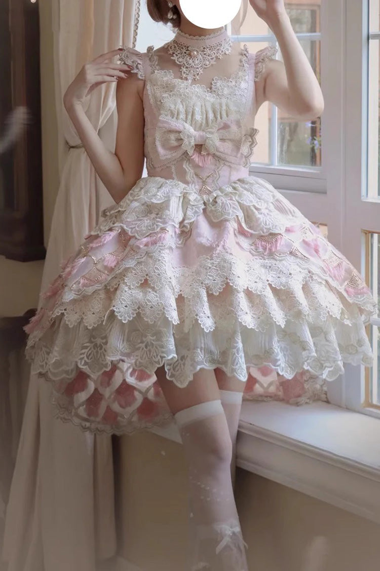 Pink [Peacock Feather] Multi-Layered Ruffle Hanayome Cardigan Bowknot Lace Sweet Lolita Jsk Dress Set - Product - 4