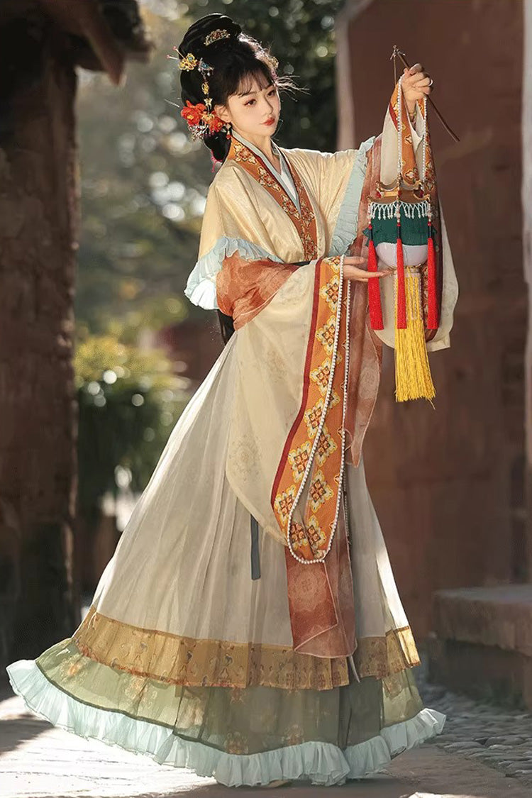 [Cloud-Clad Fairy] Long Sleeves Printed Ruffled Embroidered Classic Chinese Style Hanfu Dress Set 2 Colors - Product - 11