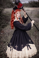 Black Retro Doll Collar Chest Bow Cross Embroidery Print Dark Girl Gothic Lolita OP Dress (Plus Size Version) - Product - 4