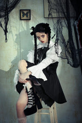 Black/White Lace High Collar Asymmetric Long Trumpet Puff Sleeves Bowknot Women's Lolita Gothic Short Dress - Product - 14