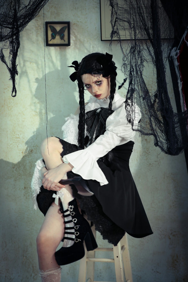 Black/White Lace High Collar Asymmetric Long Trumpet Puff Sleeves Bowknot Women's Lolita Gothic Short Dress - Product - 14