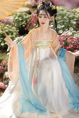 Orange/Apricot [Spring Fills the Garden] High Waisted Printed Embroidered Women's Sweet Chinese Style Hanfu Dress Set - Product - 4