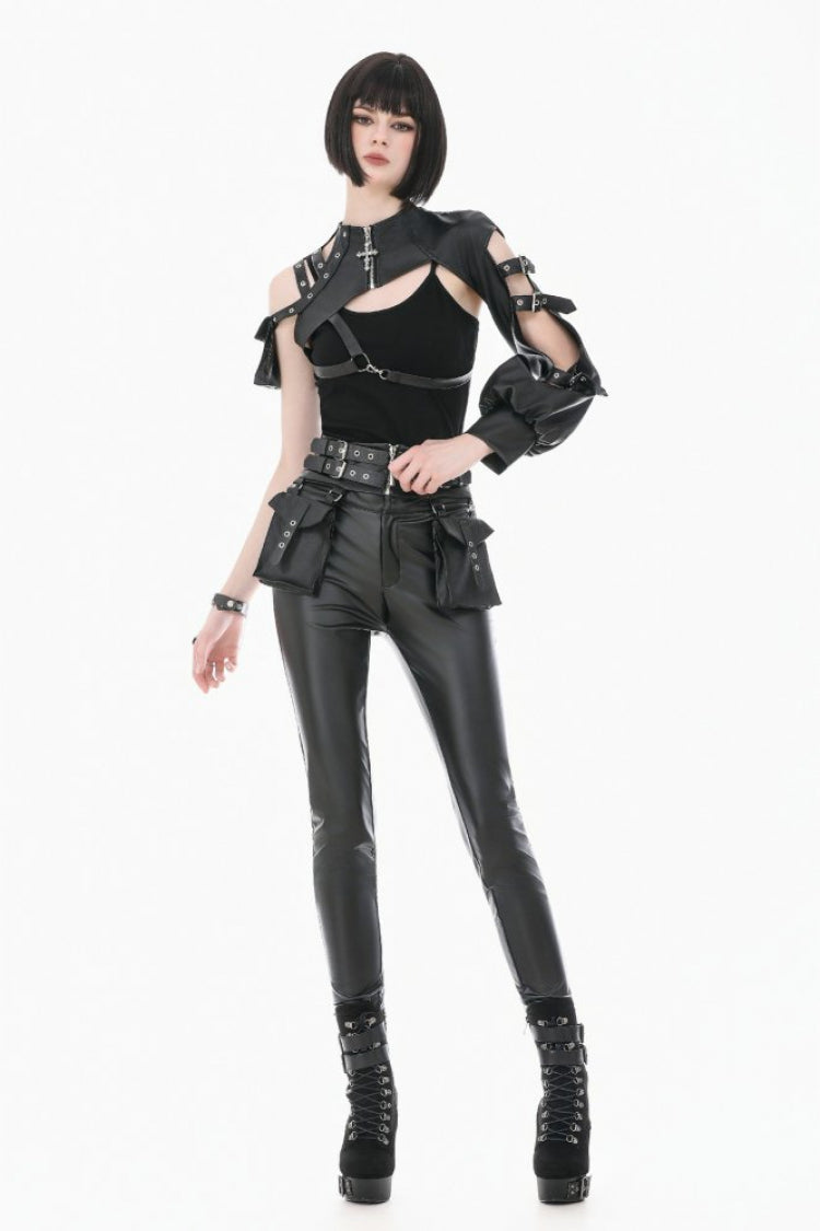 Black Eyelet Buckled Zippered Women's Punk Leather Belt with Side Pouches - Product - 10