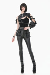 Black Eyelet Buckled Zippered Women's Punk Leather Belt with Side Pouches - Product - 10