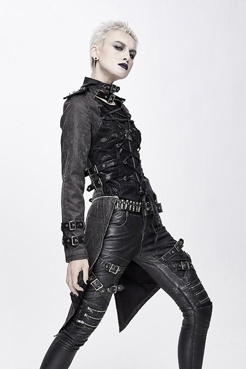 Black Spiked Zipper Up Punk Mesh Womens Coat With Loops - Product - 2