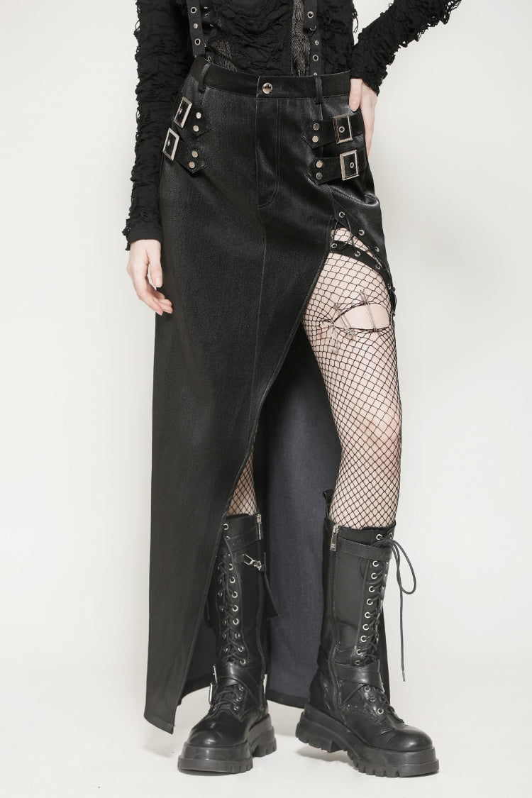 Black Leather Women's Punk Buckled Side Slit Irregular Hem Skirt - Product - 5