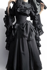 Black [Sleepwalking] Long Hime Sleeves Stitching Lace Plus Size Gothic Elegant Lolita Skirt Set - Product - 2