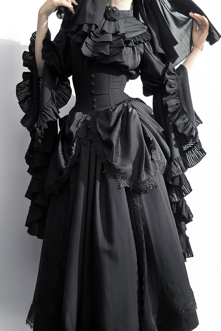 Black [Sleepwalking] Long Hime Sleeves Stitching Lace Plus Size Gothic Elegant Lolita Skirt Set - Product - 2
