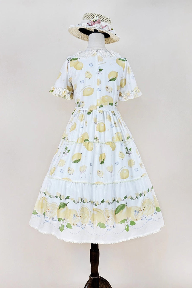 White [Lemon Chicken] Short Sleeves Print Ruffle Bowknot Lace Daily Sweet Lolita Dress - Product - 9