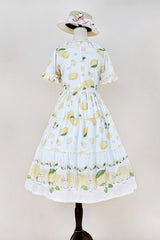 White [Lemon Chicken] Short Sleeves Print Ruffle Bowknot Lace Daily Sweet Lolita Dress - Product - 9