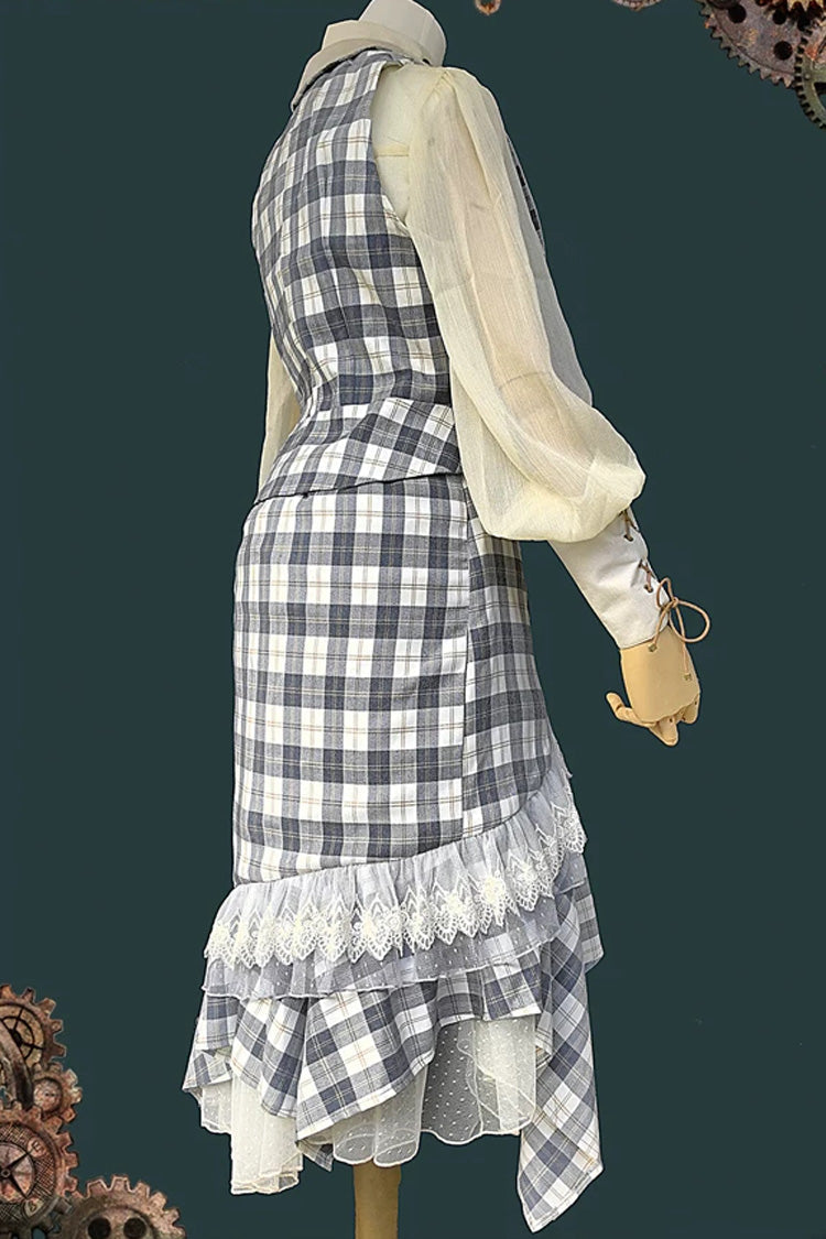 Blue Plaid [The Traveler] Sleeveless Ruffled Irregular Asymmetric Punk Lolita Skirt Set - Product - 3