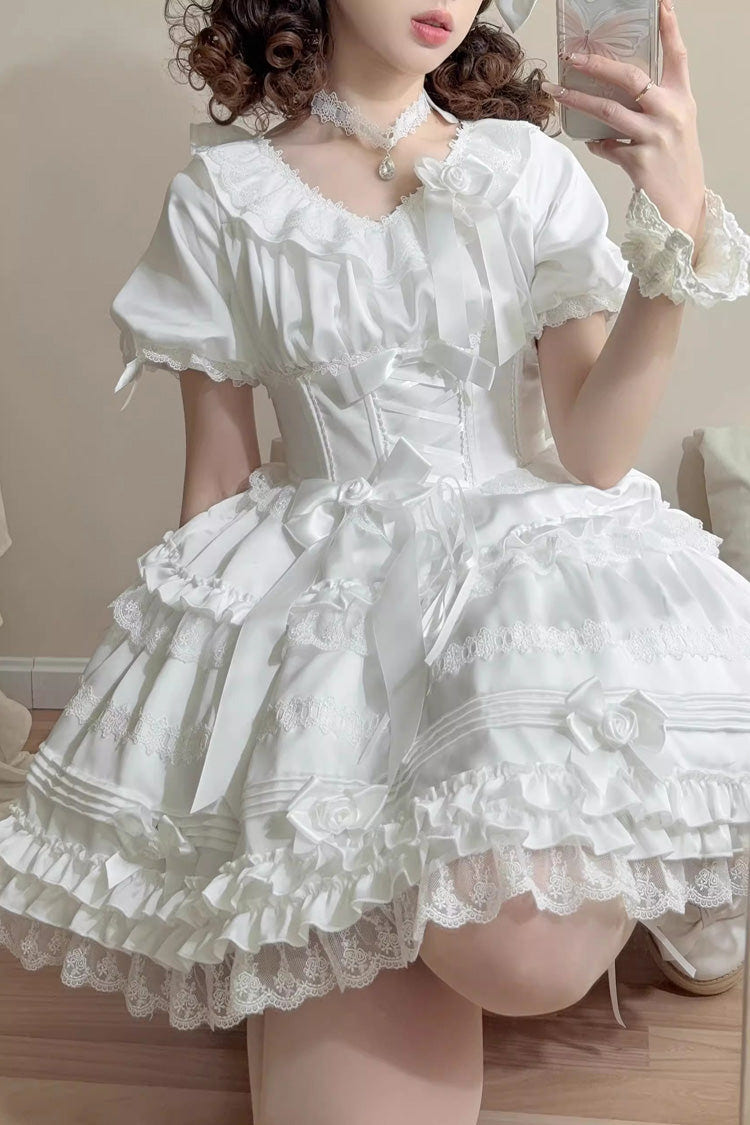 White [Layered Buttercream Frosting] Short Sleeves Ruffle Bowknot Lace Sweet Lolita Dress - Product - 3