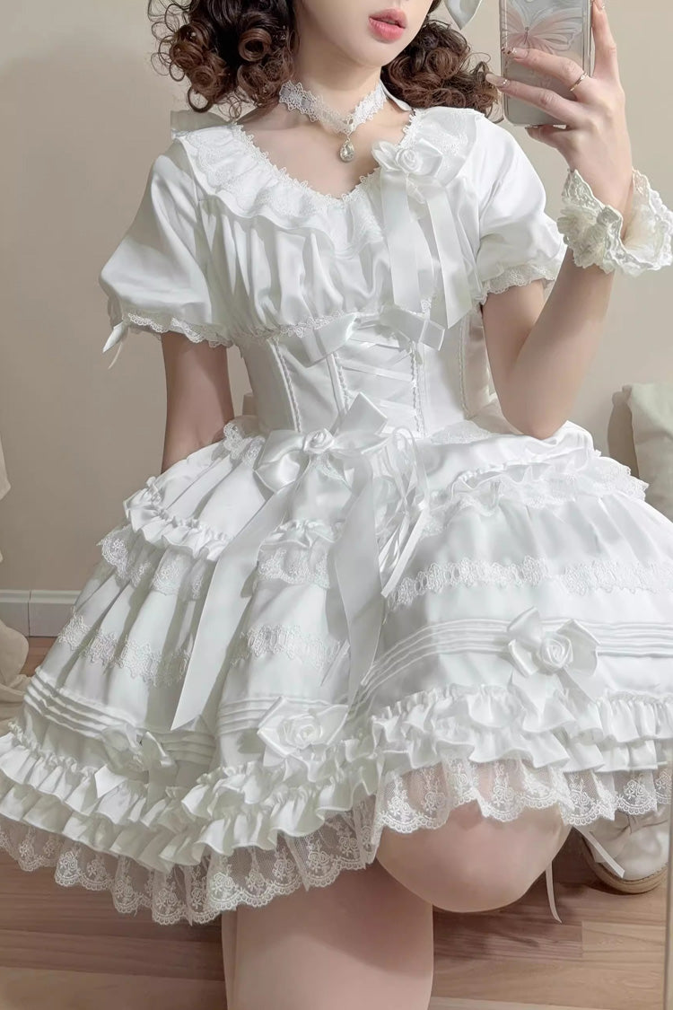 White [Layered Buttercream Frosting] Short Sleeves Ruffle Bowknot Lace Sweet Lolita Dress - Product - 3