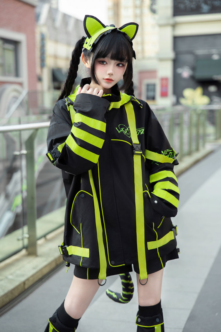 Yellow/Green/Black Long Sleeves Print Cat Ears Hooded Jirai Kei Handsome Coat - Yellow/Green/Black - 1