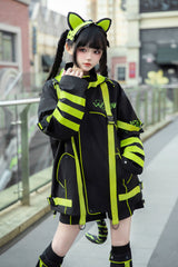 Yellow/Green/Black Long Sleeves Print Cat Ears Hooded Jirai Kei Handsome Coat - Yellow/Green/Black - 1