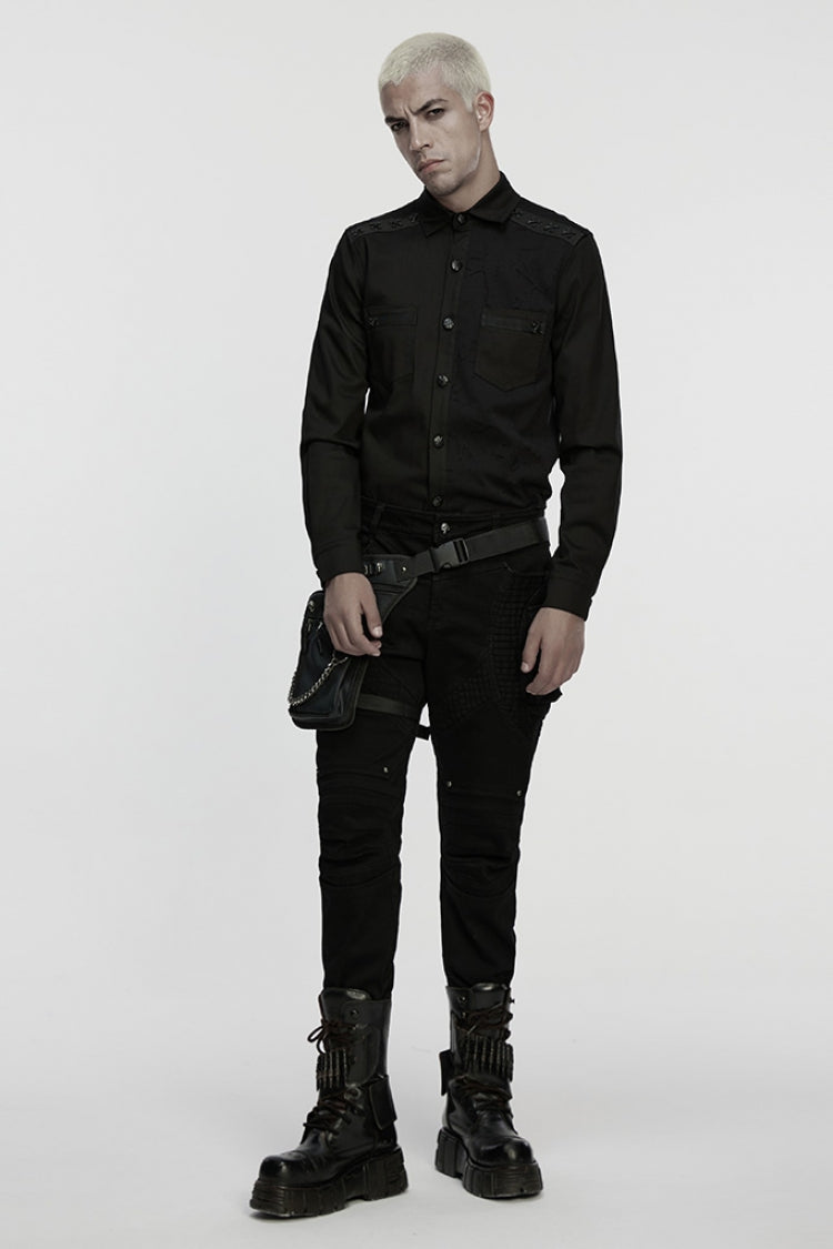 Black Lapel Collar Long Sleeves Ripped Men's Punk Blouse - Product - 4