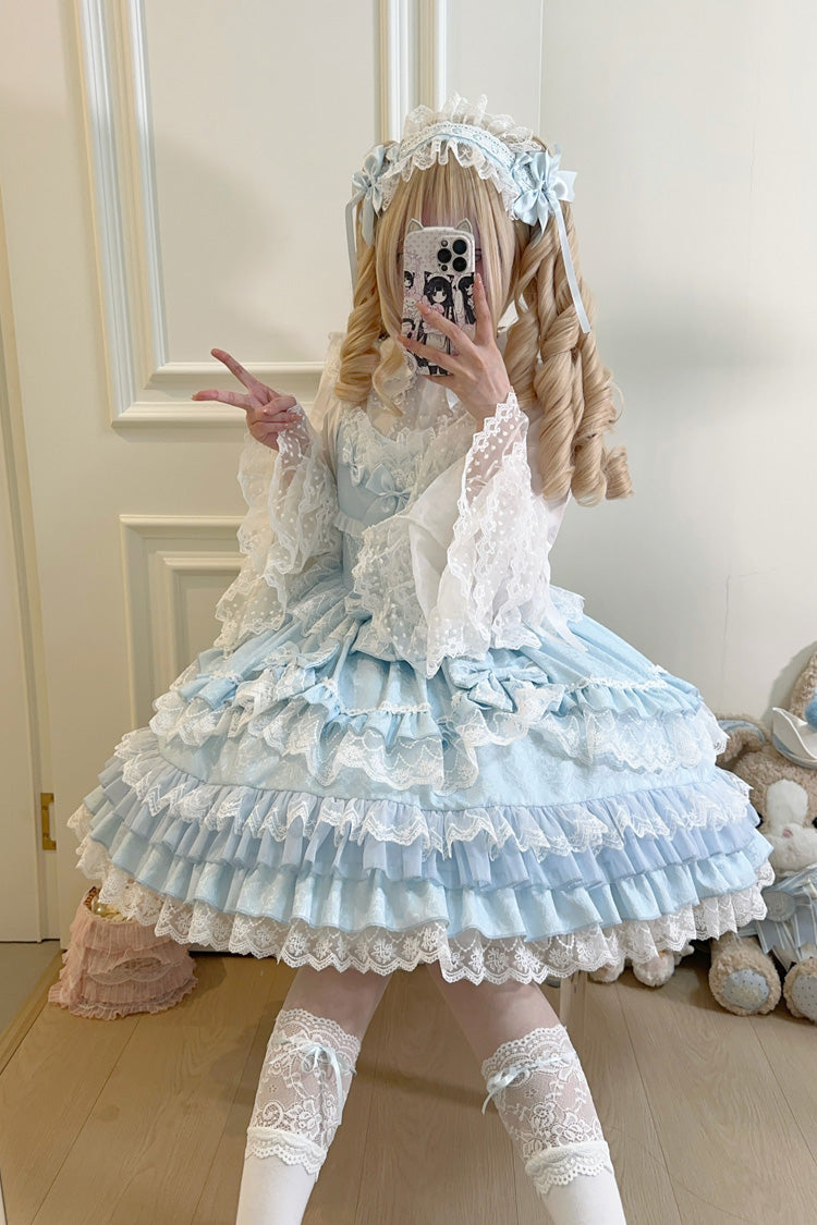 Blue Multi-Layered Ruffle Bowknot Stitching Lace Sweet Lolita Jsk Dress - Product - 8