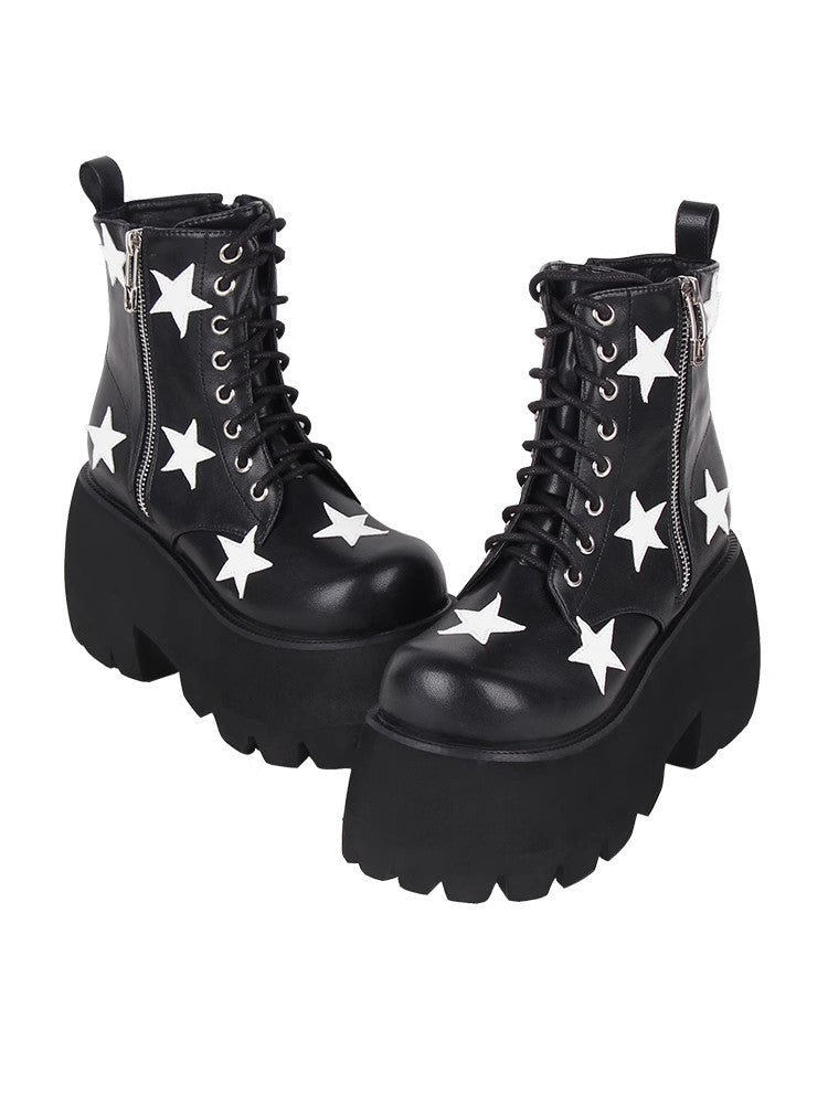 Black Five-pointed Star Print Zipper Punk Lolita Ankle Boots - Product - 5
