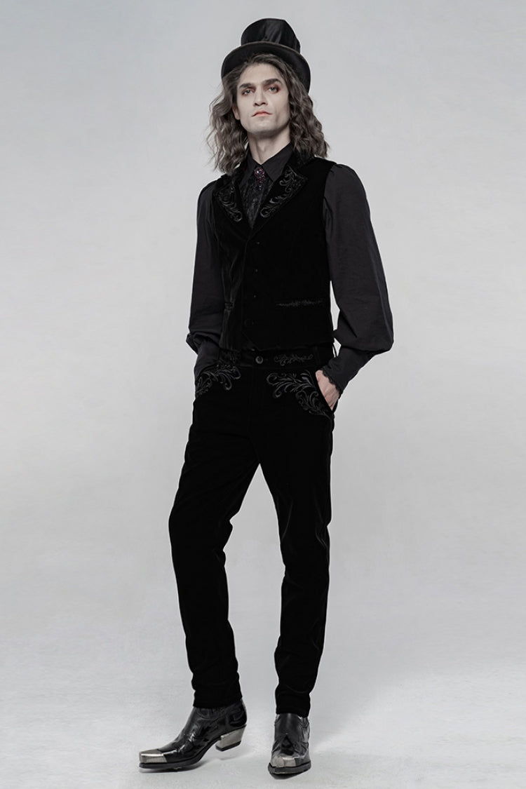 Black Buttons Embroidery Men's Gothic Straight Leg Pants - Product - 4