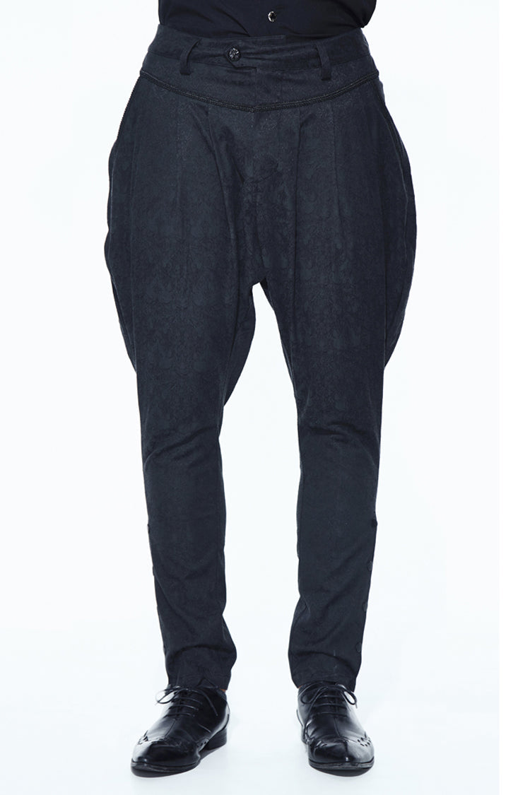 Black Oversize Jacquard Pattern Ribbons Snap Fastener Men's Gothic Pants - Product - 1