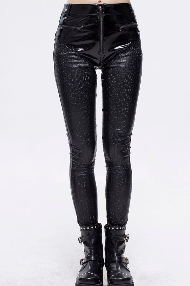Black Gothic Hexagon Pattern Irregular Star Reflection Shiny Elasticity Leather Women's Leggings - Black - 1