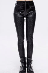 Black Gothic Hexagon Pattern Irregular Star Reflection Shiny Elasticity Leather Women's Leggings - Black - 1