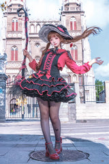 Black/Red [Showa Cake] Sleeveless Triple-Layered Ruffled Bow Lace-Up Witch Gothic Lolita Jsk Dress - Product - 10