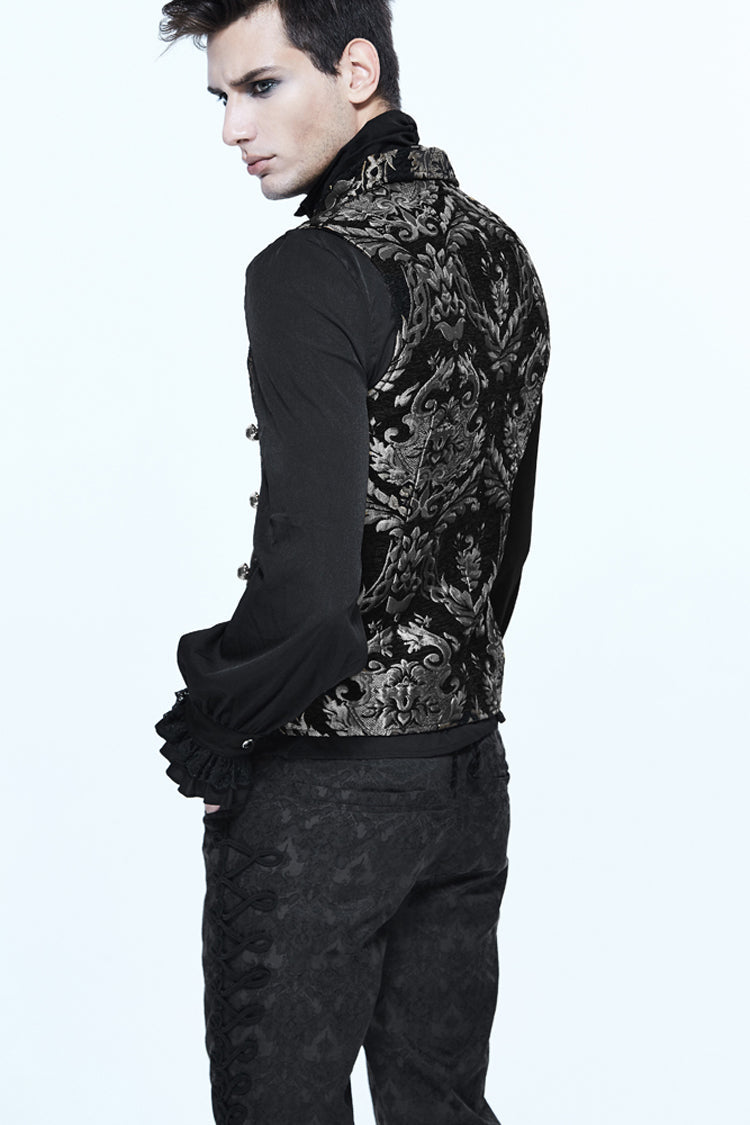 Black/Silver Palace Short Big Jacquard Pattern Men's  Gothic Waistcoat - Product - 3