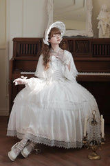 White [Cherish] Long Trumpet Sleeves Ruffle Hanayome Bowknot Lace-Up Sweet Lolita Dress - Product - 4