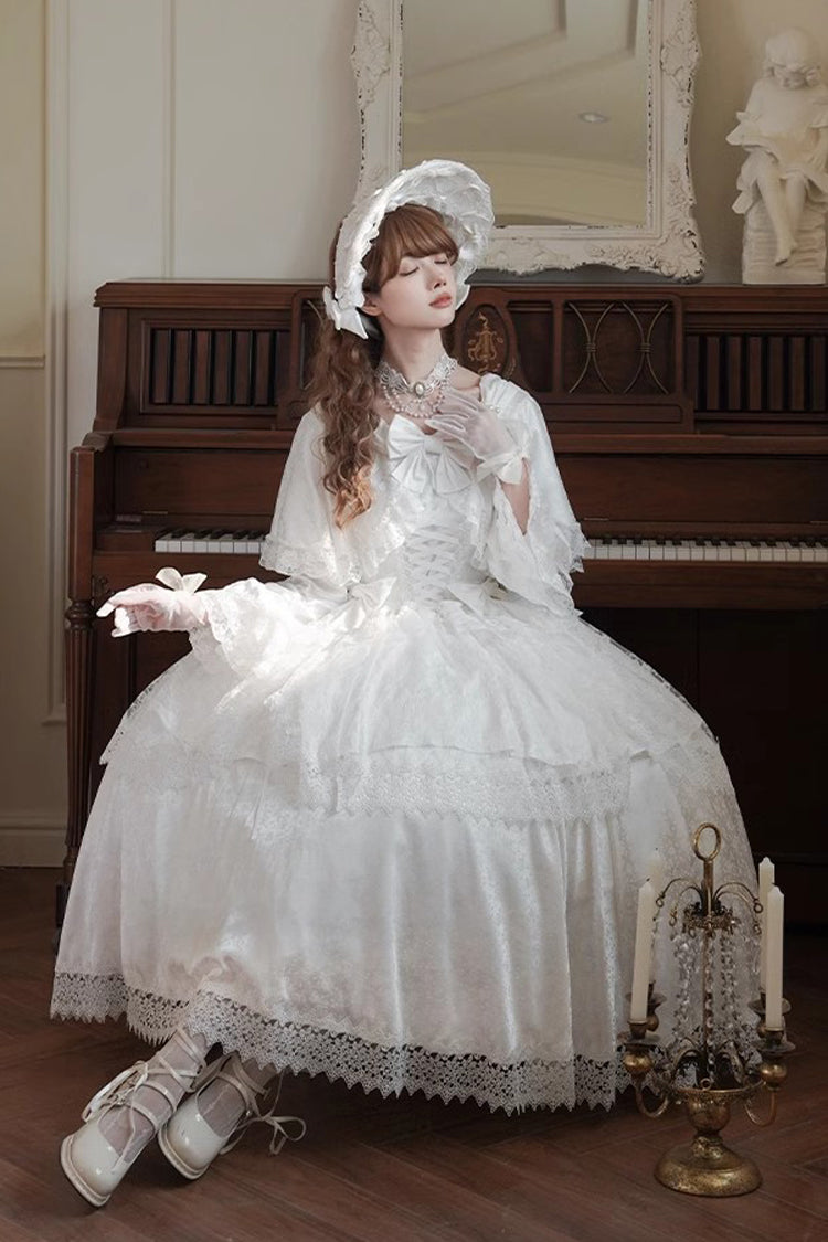 White [Cherish] Long Trumpet Sleeves Ruffle Hanayome Bowknot Lace-Up Sweet Lolita Dress - Product - 4