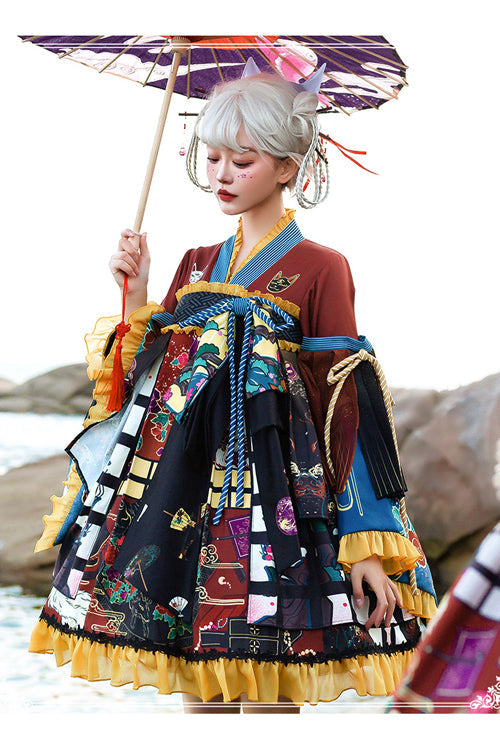 Multi-Color Retro Japanese Fox Trick Print High Waist Sweet Lolita OP Dress - Product - 3