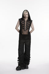 Black Spliced Lace-Up Slim Hooded Mesh Eyelet Men's Punk Cool Vest - Product - 6