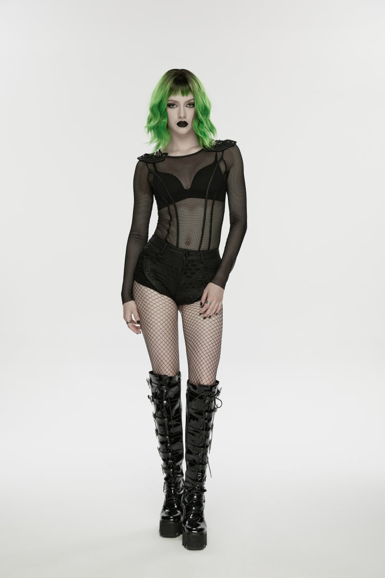 Black Low Waisted Cut-Out Irregular Eyelet Women's Punk Shorts - Product - 7