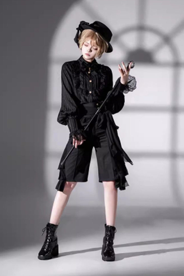 Black [Eternal City] Long Sleeves Lace Gothic Prince Medieval Ouji Lolita Blouse Knee-Length Shorts Set - Product - 6