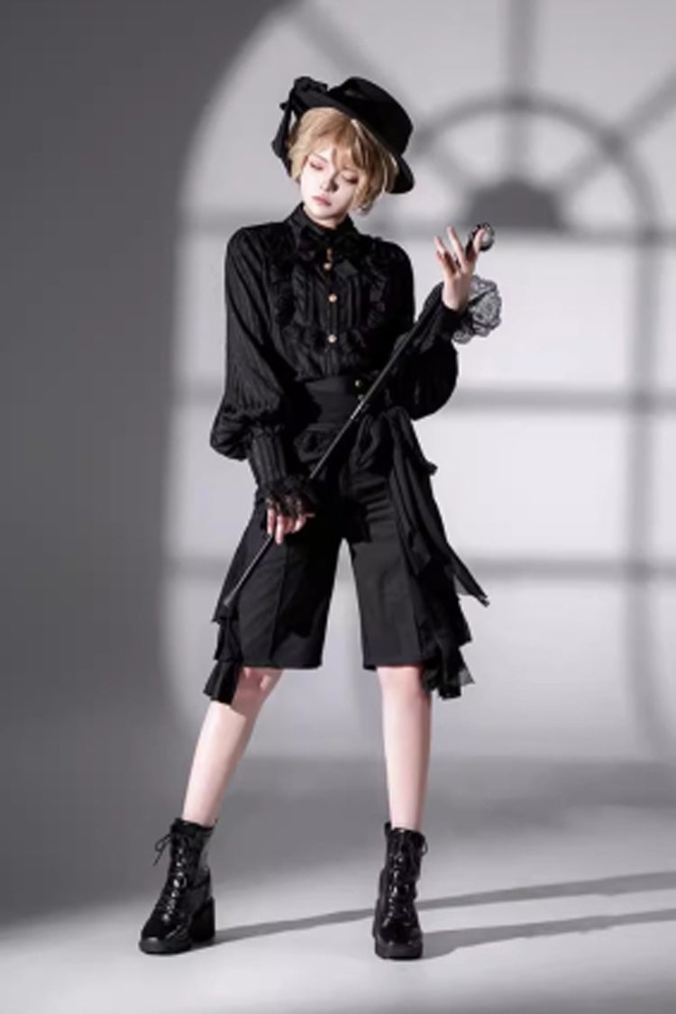 Black [Eternal City] Long Sleeves Lace Gothic Prince Medieval Ouji Lolita Blouse Knee-Length Shorts Set - Product - 6