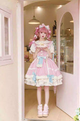 White/Pink Little Fox Multi-layer Ruffle Bowknot Long Sleeves Sweet Lolita Dress - Product - 6