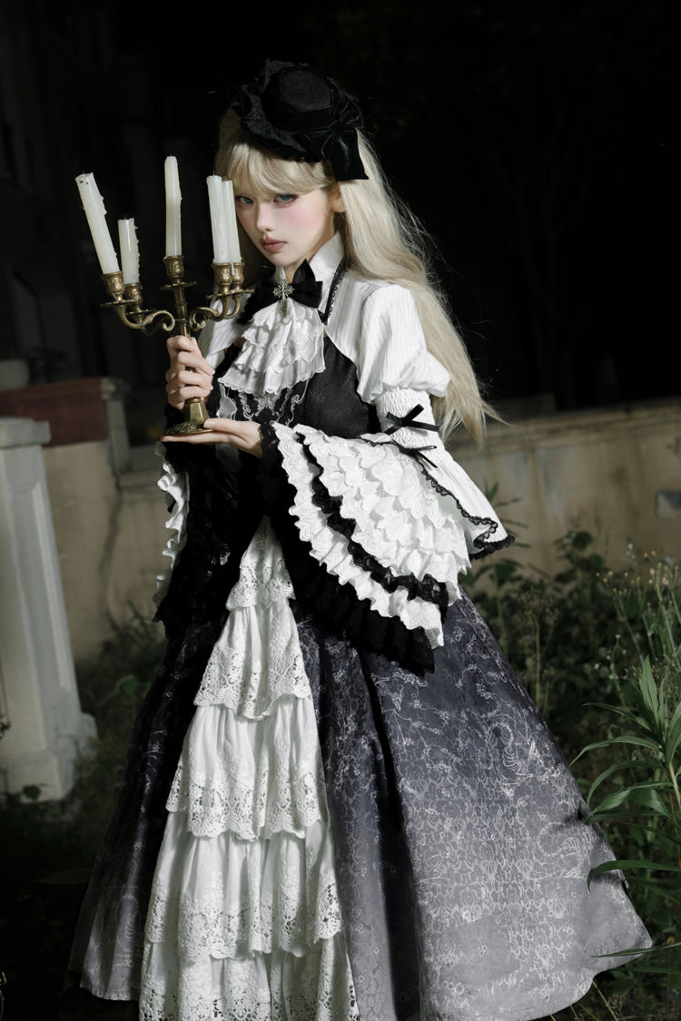 Black/White Print Bone Magic Ruffle Cardigan Lace Classic Gothic Princess Lolita Jsk Dress - Product - 11