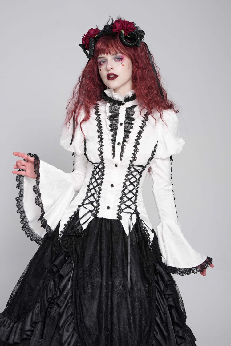White Stand Collar Long Puff Sleeves Floral Jacquard Lace-Up Women's Gothic Blouse - White - 1