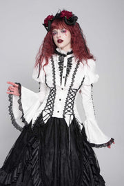 White Stand Collar Long Puff Sleeves Floral Jacquard Lace-Up Women's Gothic Blouse - White - 1