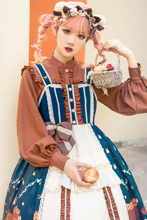 Blue/Brown Christmas Bread Squirrel Gift Print Cardigan Bowknot Multi-Layer Ruffled Sweet Lolita JSK Dress - Product - 2