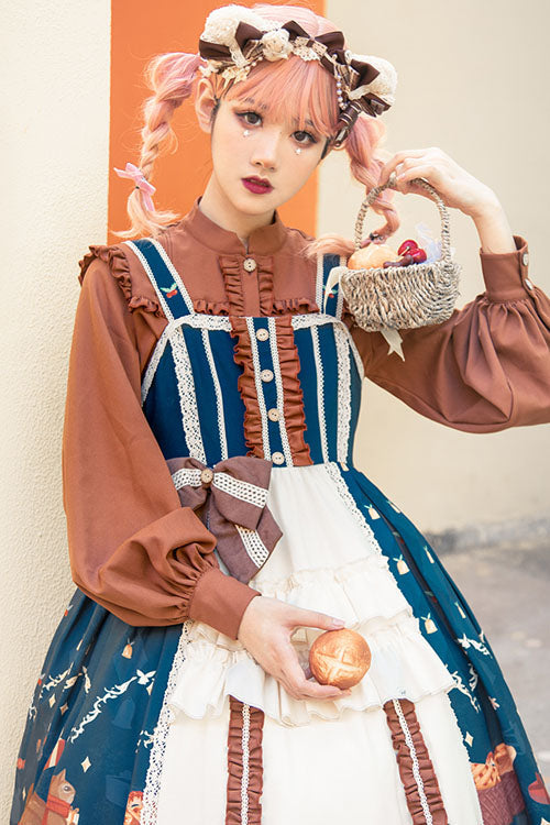 Blue/Brown Christmas Bread Squirrel Gift Print Cardigan Bowknot Multi-Layer Ruffled Sweet Lolita JSK Dress - Product - 2