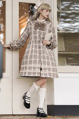 Light Brown Doll Collar Long Sleeves Multi-layer Print Bowknot Sweet College Style Lolita Dress Coat - Product - 2